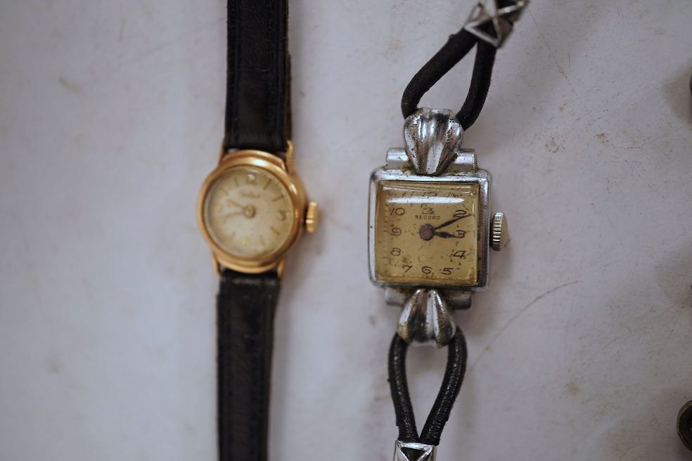 A white metal hunter keywind pocket watch, with Roman dial and subsidiary seconds, two silver charm bracelets and sundry items including jewellery and a silver sovereign case.
